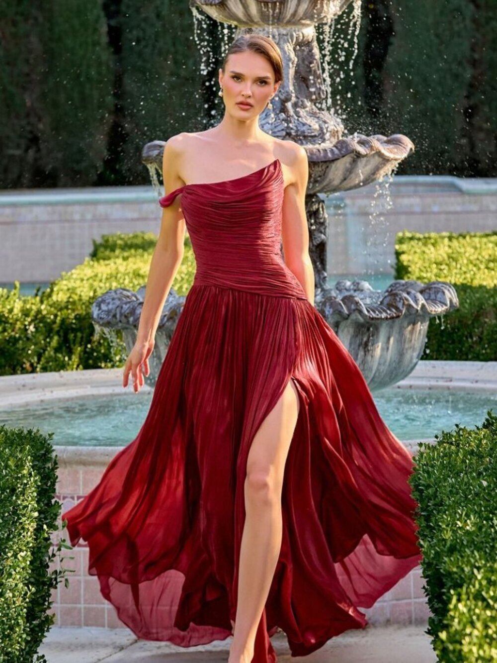 New Burgundy Evening Luminescent Chiffon Gown w/ Asymmetrcial Neckline CD409